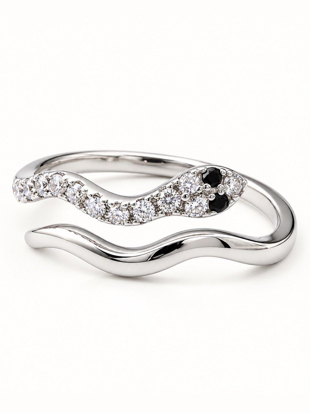 Platinum Plated Real Zircon Snake Ring Adjustable Open Serpent Black Eye Jewelry